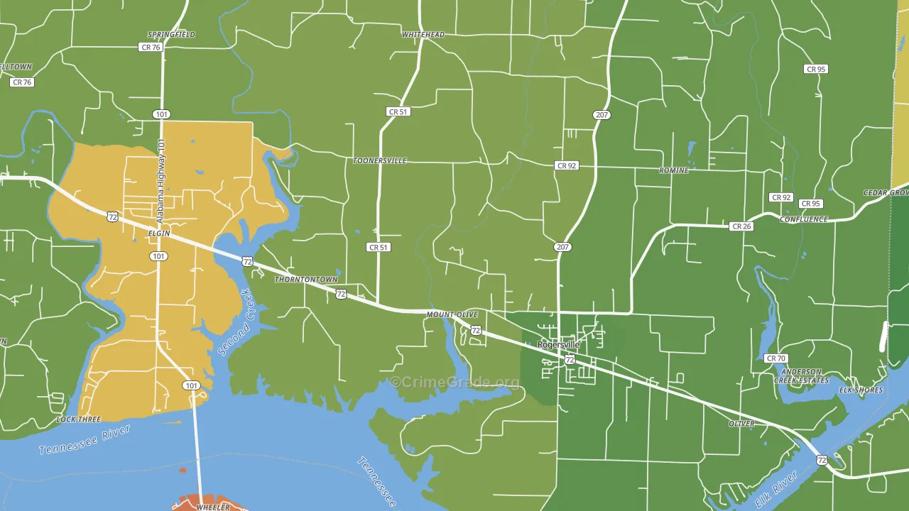 Rogersville, AL Map of Burglary Rates