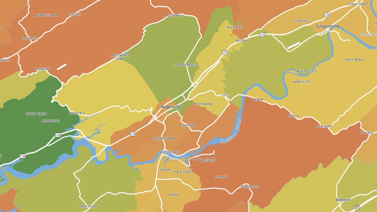 Rogersville, TN Map of Burglary Rates