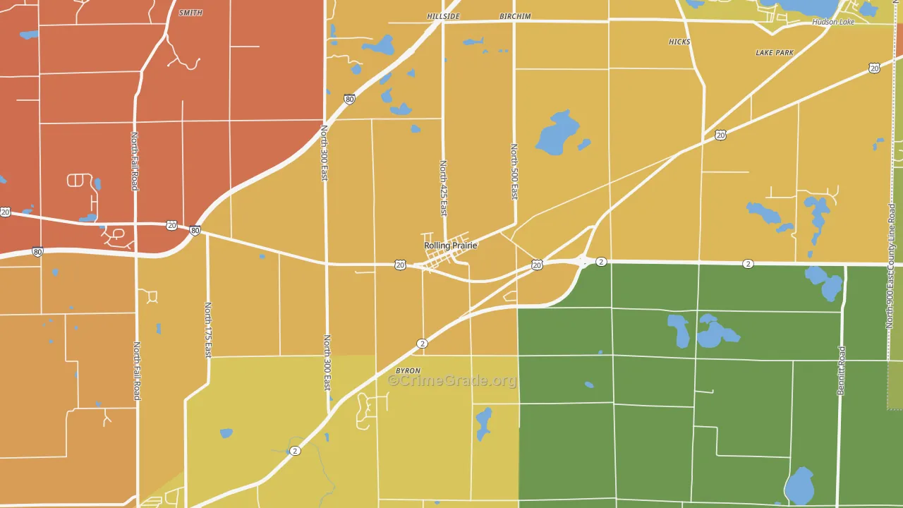Rolling Prairie, IN Map of Burglary Rates