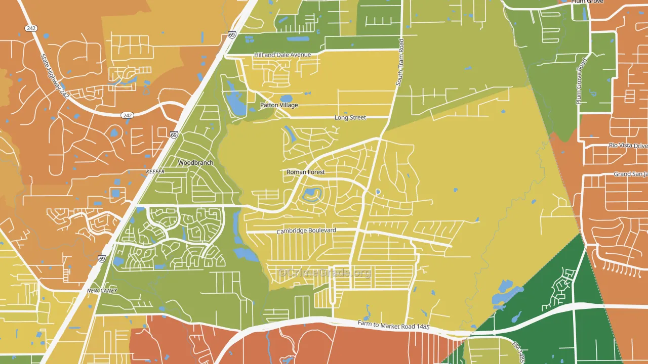 Roman Forest, TX Map of Burglary Rates