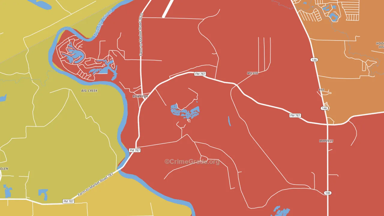 Romayor, TX Map of Burglary Rates
