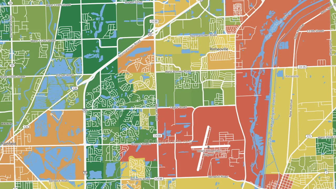 Romeoville, IL Map of Burglary Rates
