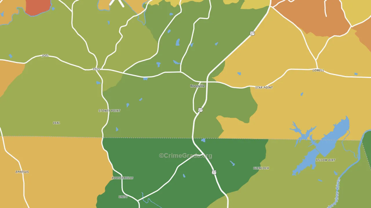 Roopville, GA Map of Burglary Rates
