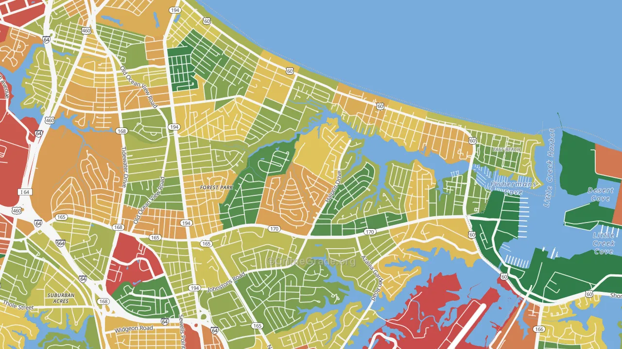 Roosevelt Gardens Area, Norfolk, VA Map of Burglary Rates