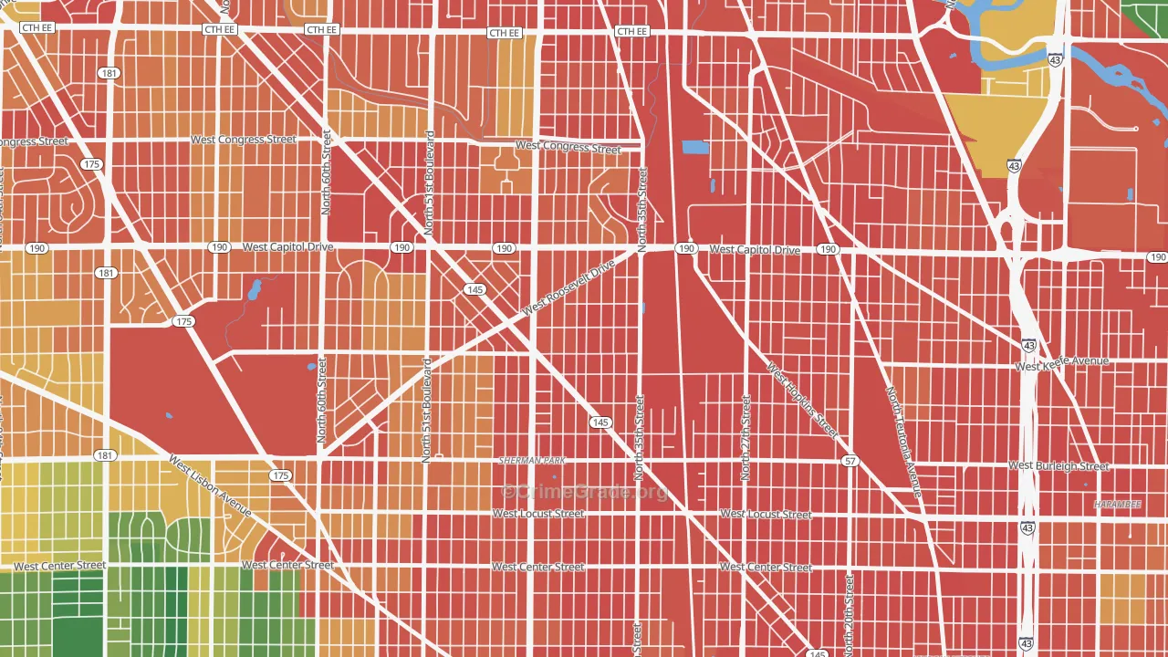 Roosevelt Grove, Milwaukee, WI Map of Burglary Rates