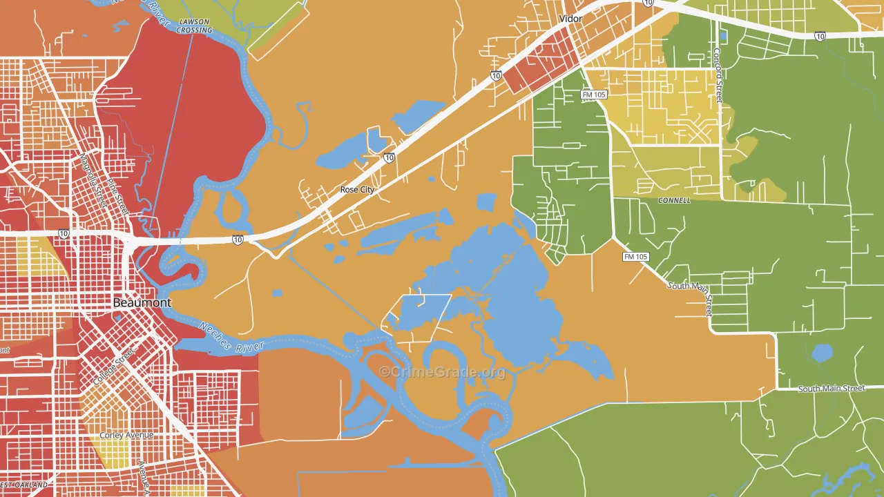 Rose City, TX Map of Burglary Rates