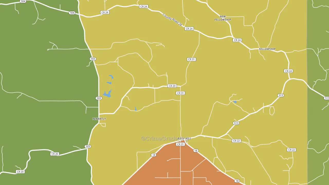 Rose Hill, MS Map of Burglary Rates