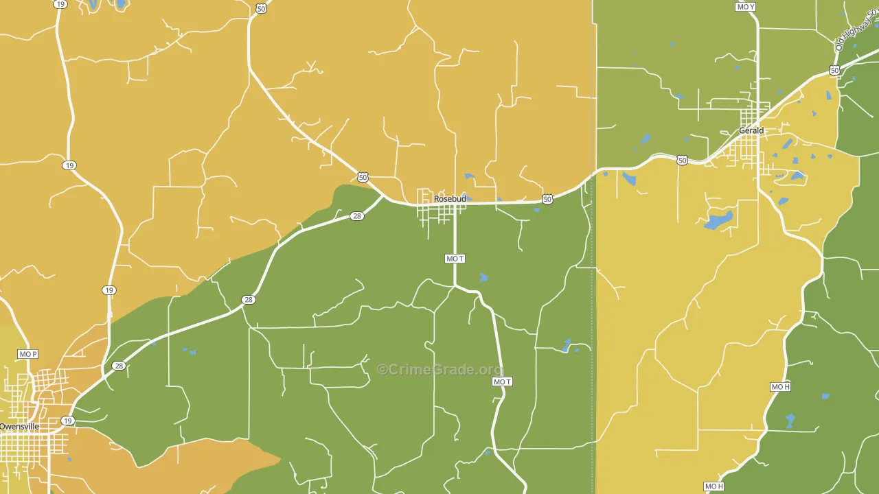Rosebud, MO Map of Burglary Rates