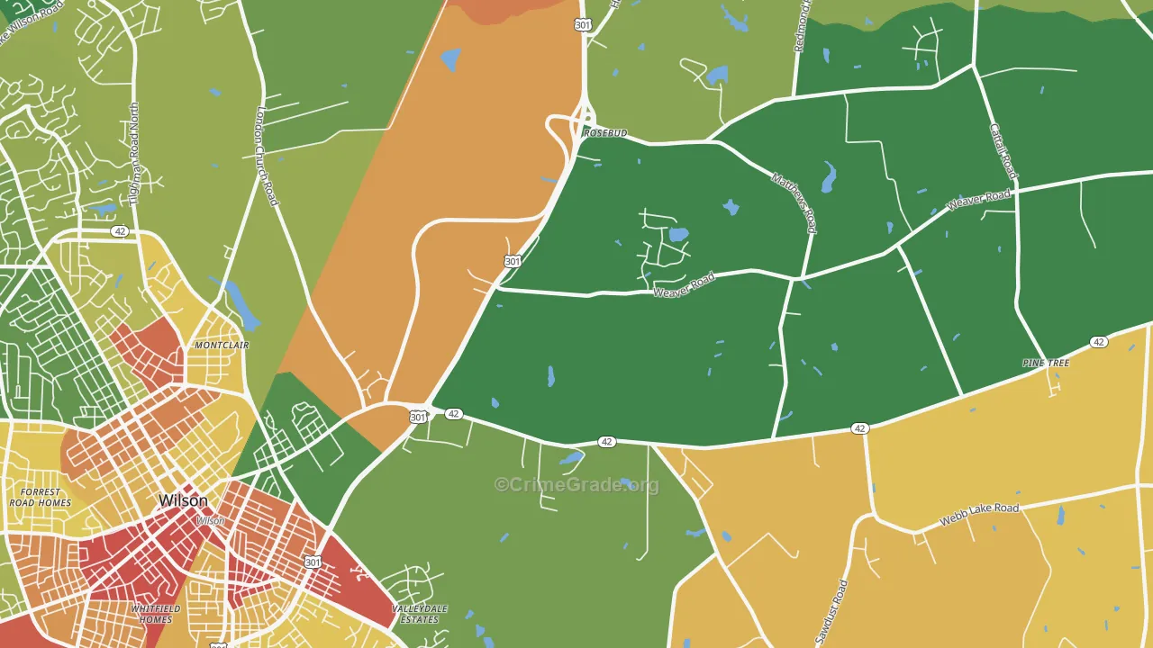 Rosebud, NC Map of Burglary Rates