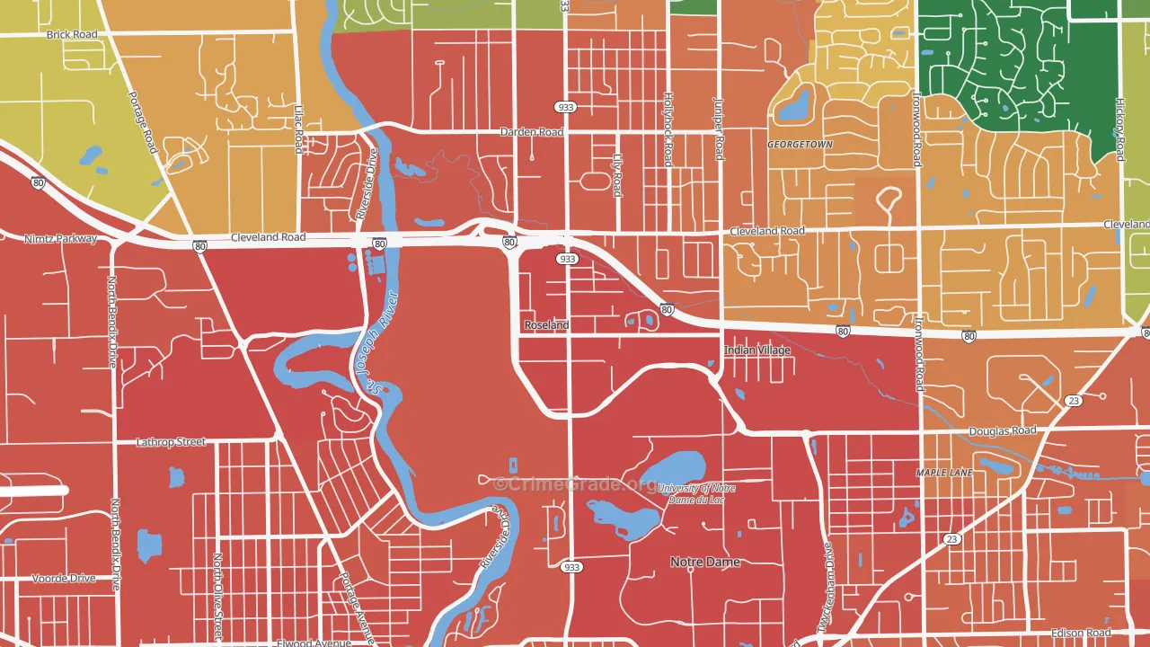 Roseland, IN Map of Burglary Rates