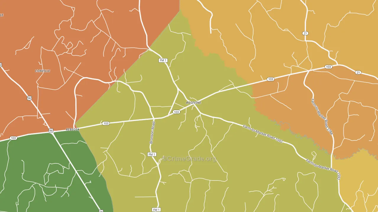 Rosevine, TX Map of Burglary Rates