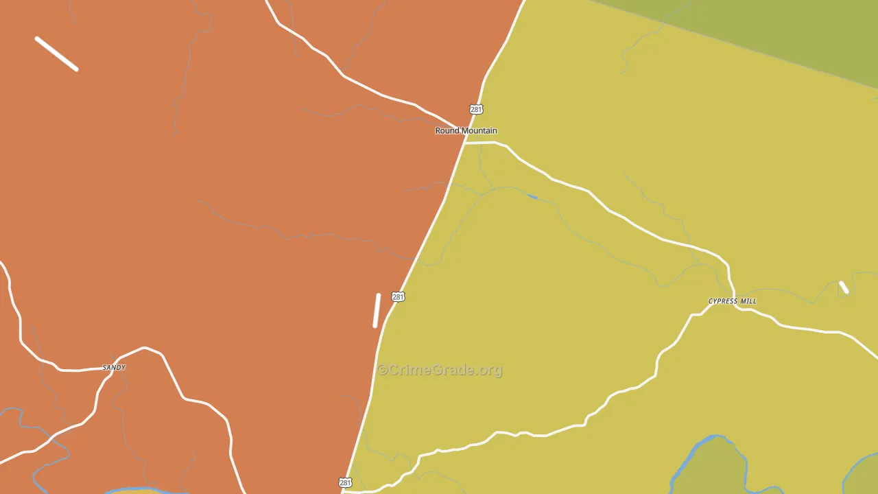 Round Mountain, TX Map of Burglary Rates