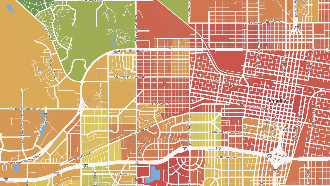 Route 66 Historic District, Amarillo, TX Map of Burglary Rates