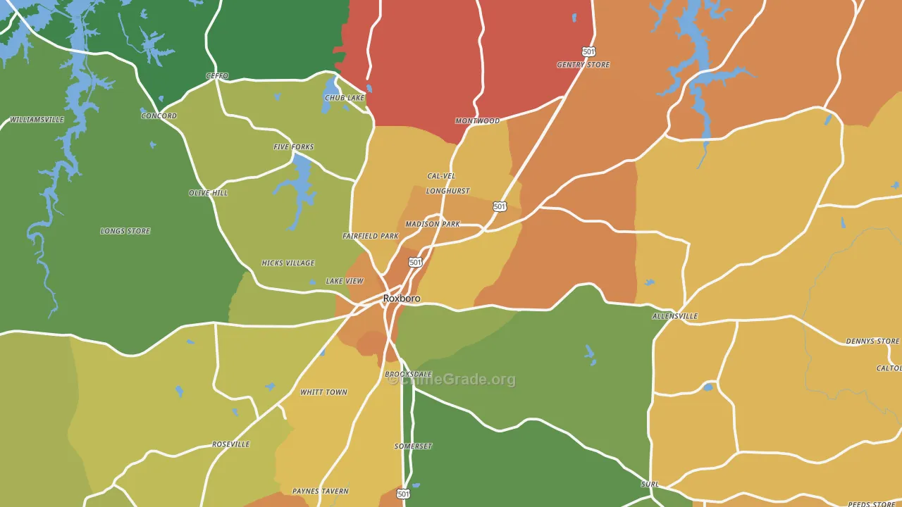 Roxboro, NC Map of Burglary Rates