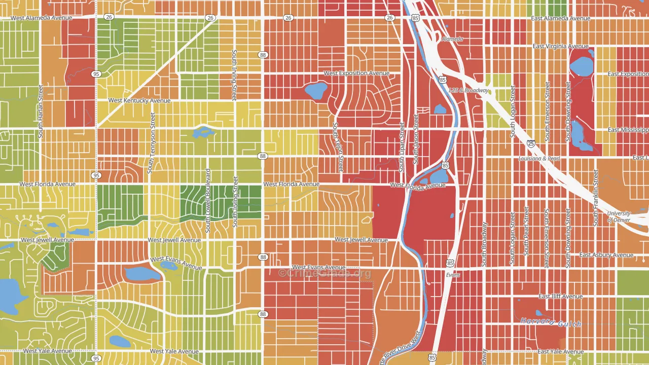 Ruby Hill, Denver, CO Map of Burglary Rates