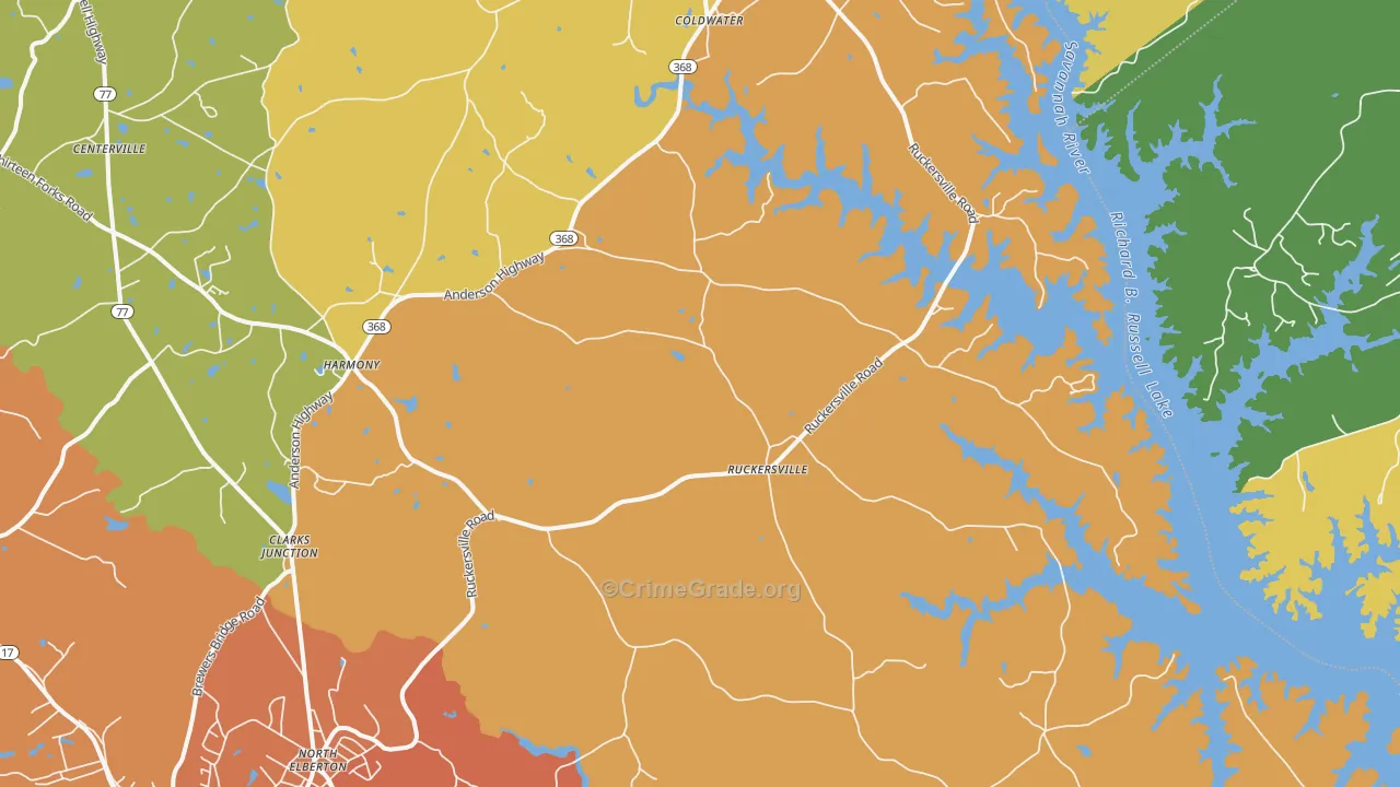 Ruckersville, GA Map of Burglary Rates