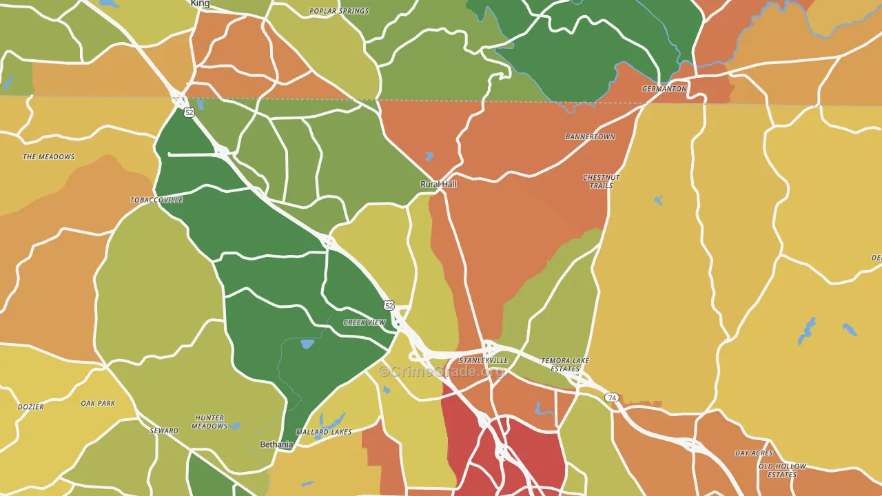 Rural Hall, NC Map of Burglary Rates