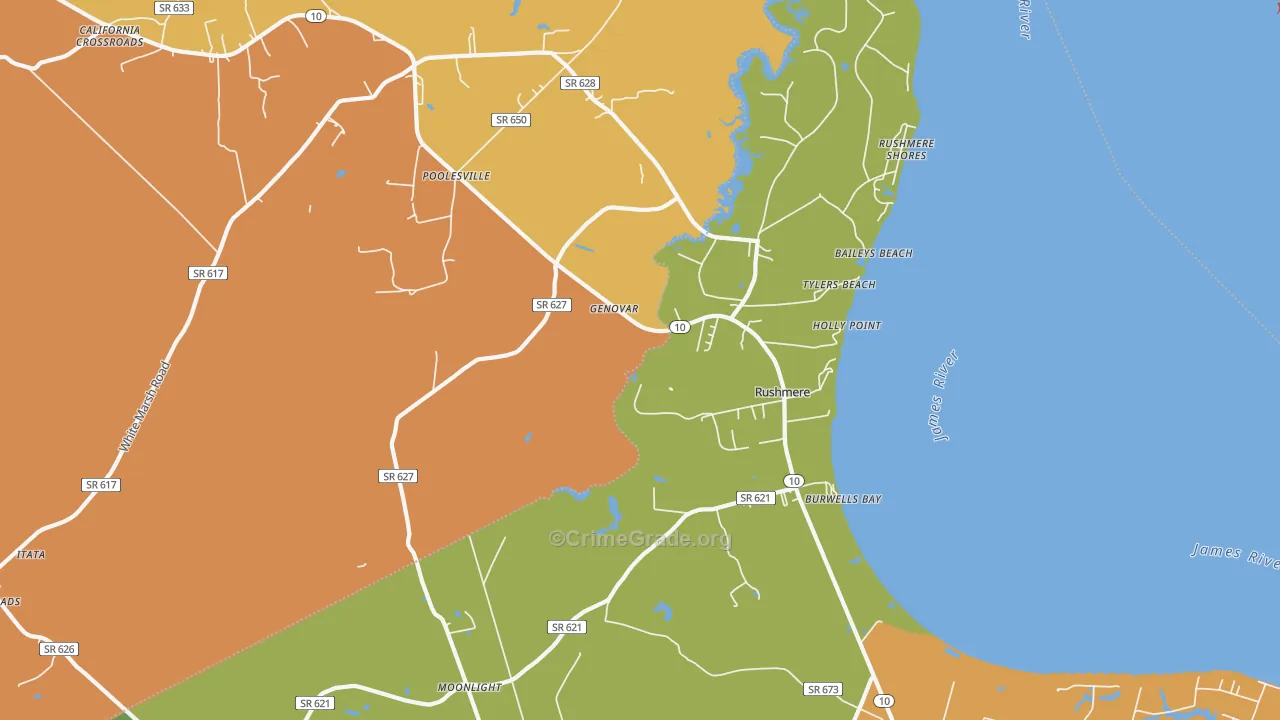 Rushmere, VA Map of Burglary Rates
