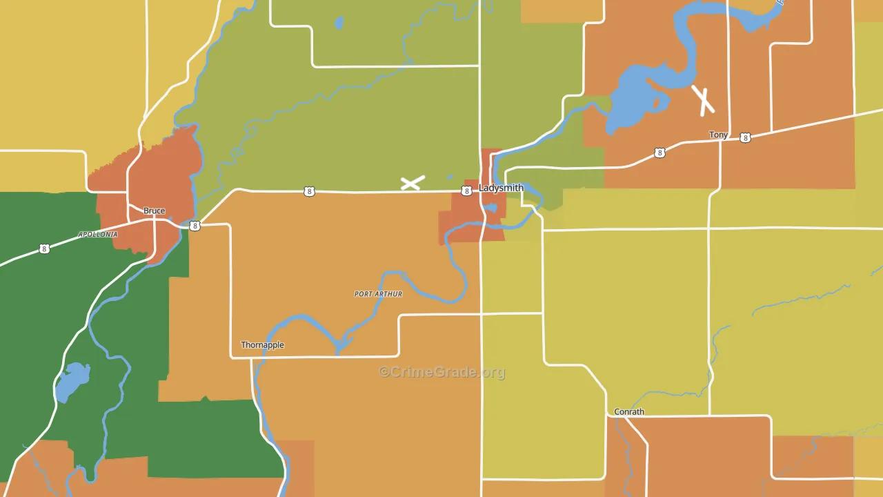Rusk County, WI Map of Burglary Rates