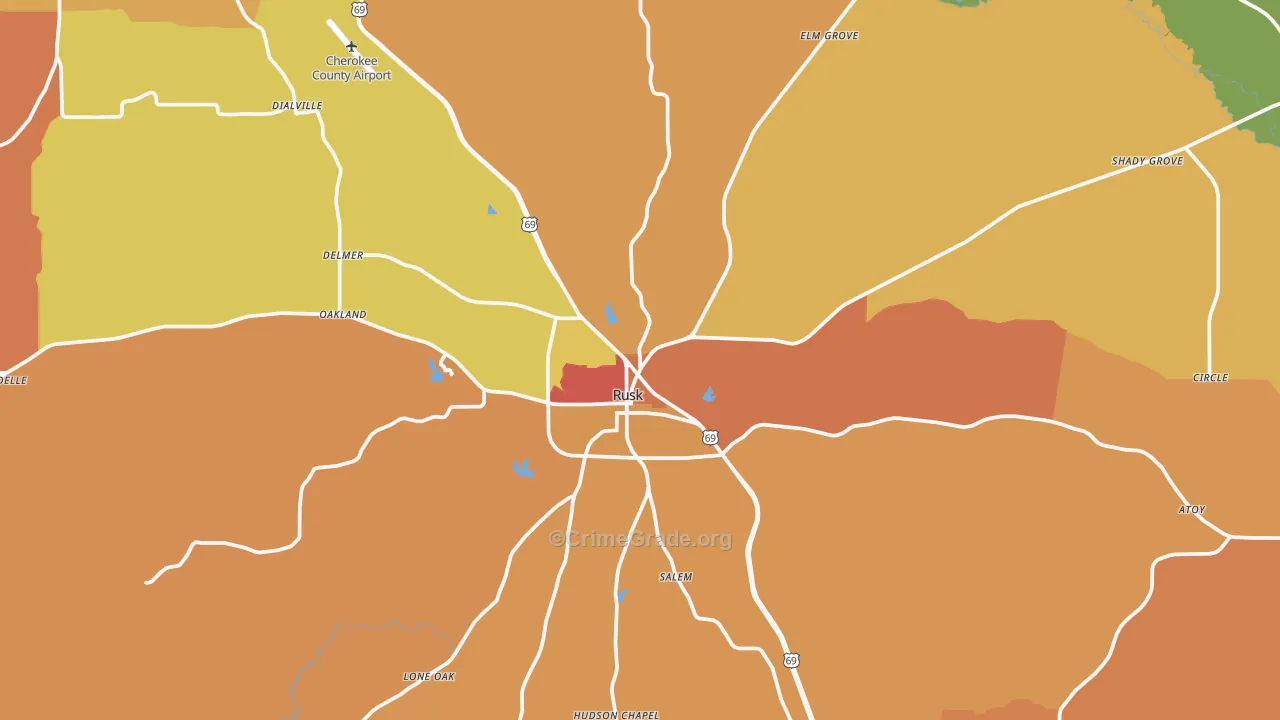 Rusk, TX Map of Burglary Rates