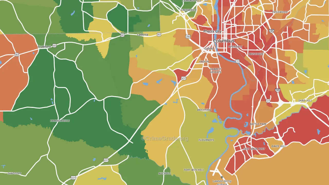 Russell County, AL Map of Burglary Rates