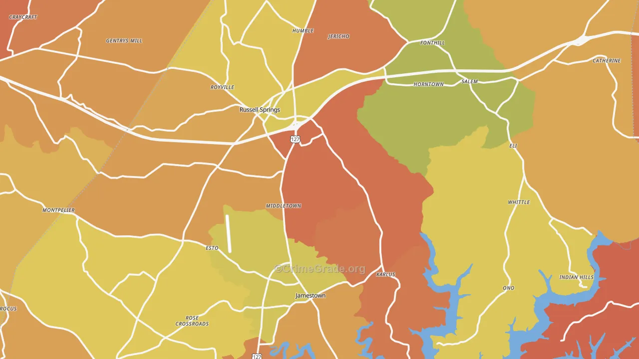 Russell County, KY Map of Burglary Rates
