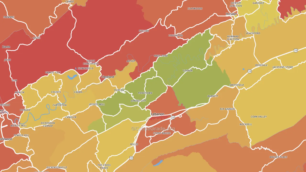 Russell County, VA Map of Burglary Rates