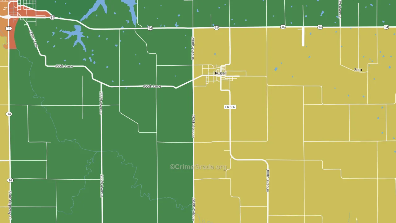 Russell, IA Map of Burglary Rates