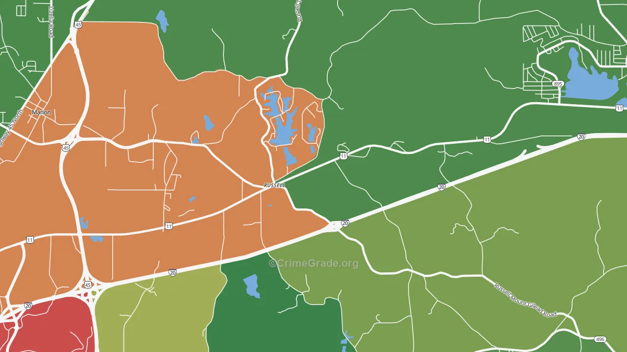 Russell, MS Map of Burglary Rates
