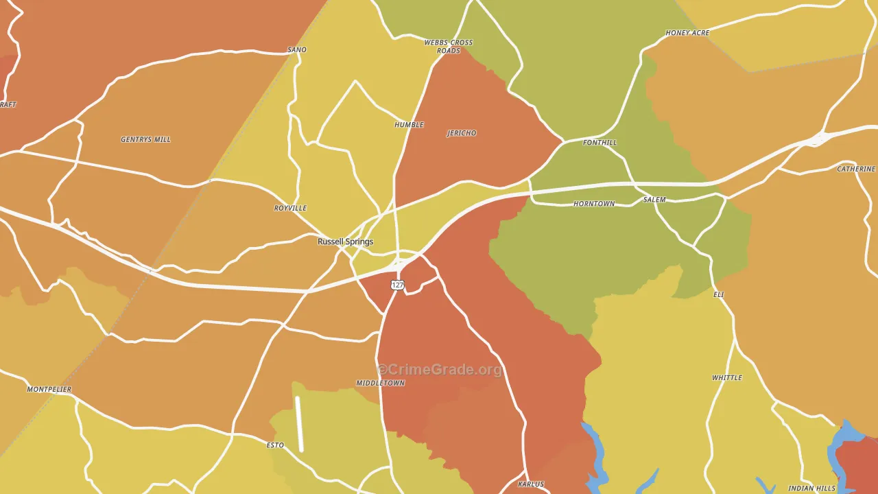 Russell Springs, KY Map of Burglary Rates