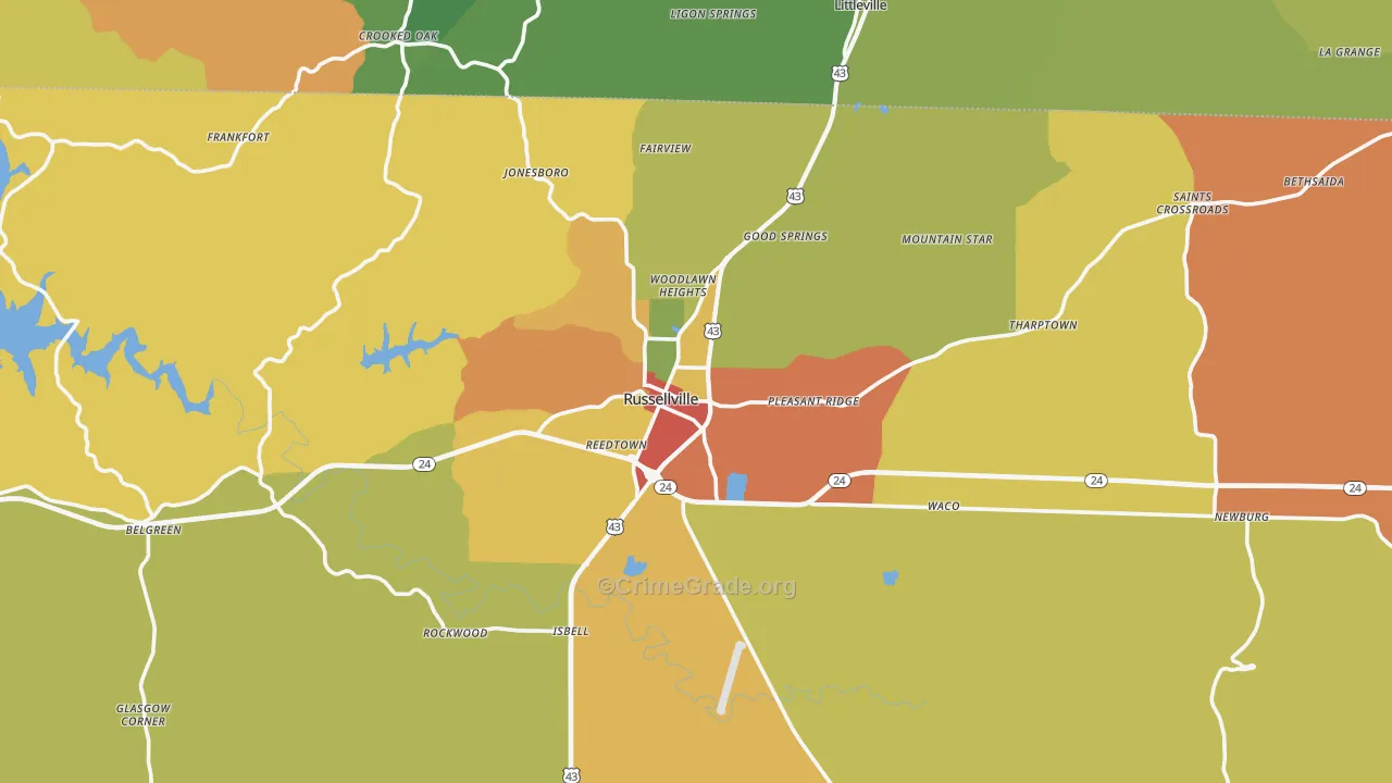 Russellville, AL Map of Burglary Rates