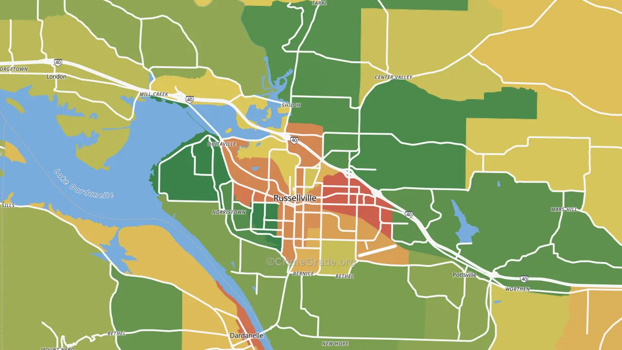 Russellville, AR Map of Burglary Rates