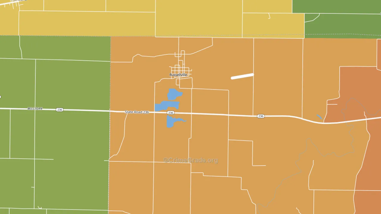 Russellville, IN Map of Burglary Rates