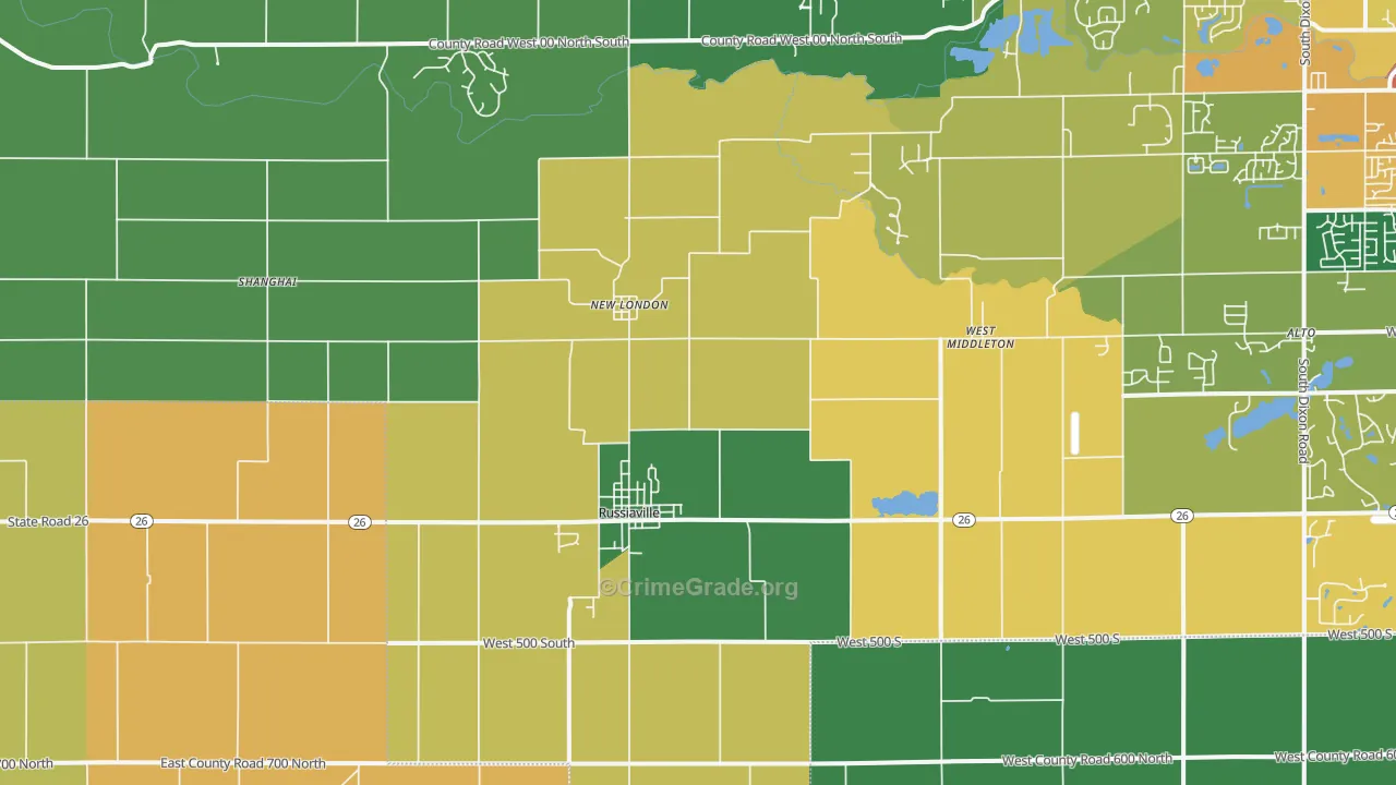 Russiaville, IN Map of Burglary Rates