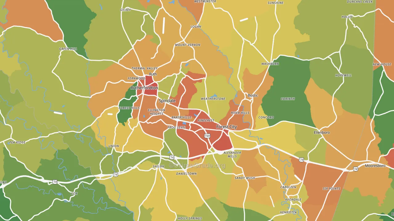 Rutherford County, NC Map of Burglary Rates