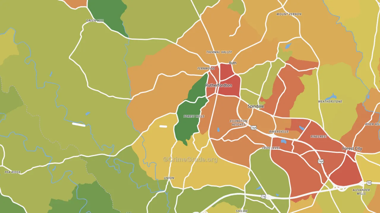 Rutherfordton, NC Map of Burglary Rates