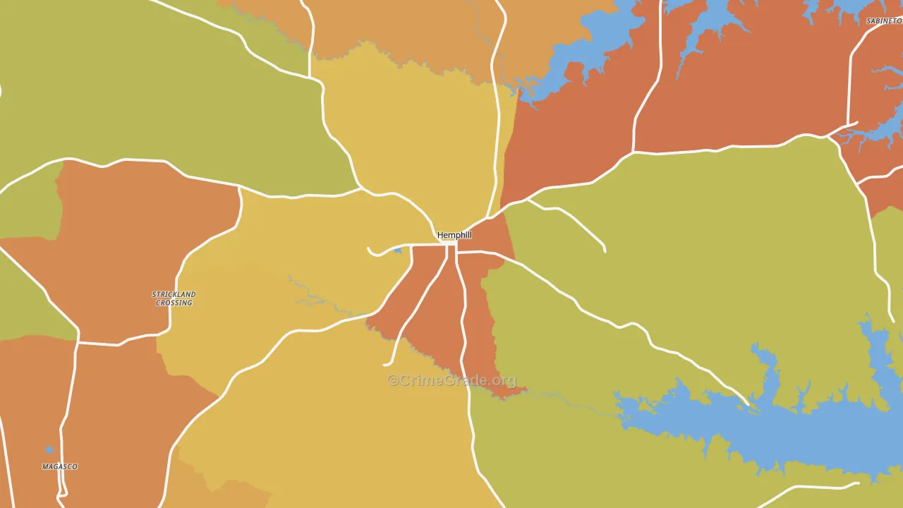 Sabine County, TX Map of Burglary Rates
