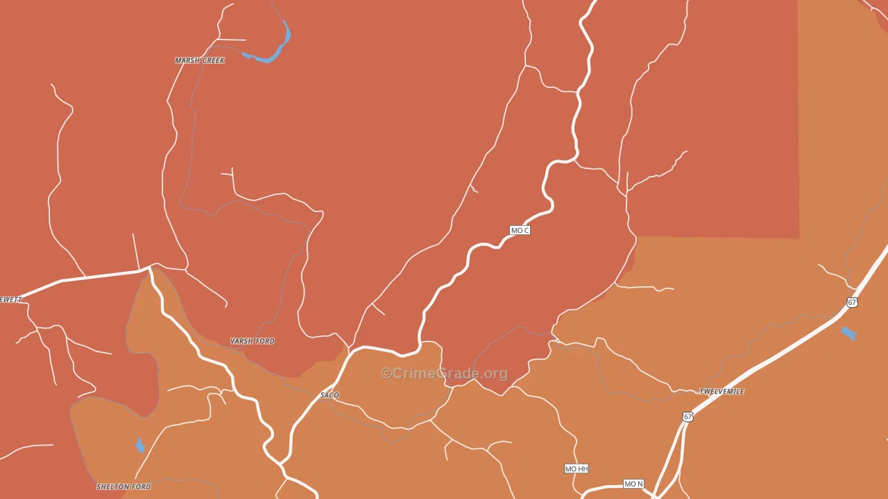 Saco, MO Map of Burglary Rates