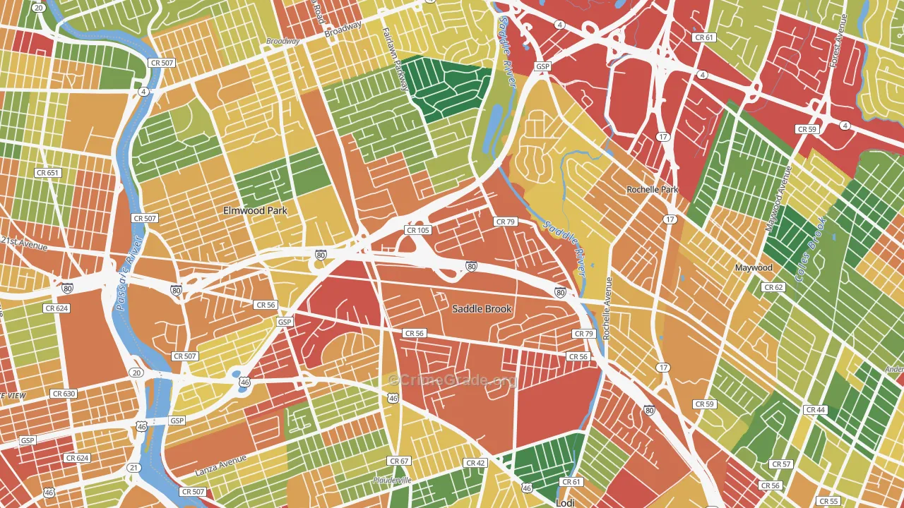 Saddle Brook, NJ Map of Burglary Rates