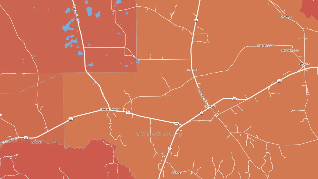 Safford, AL Map of Burglary Rates