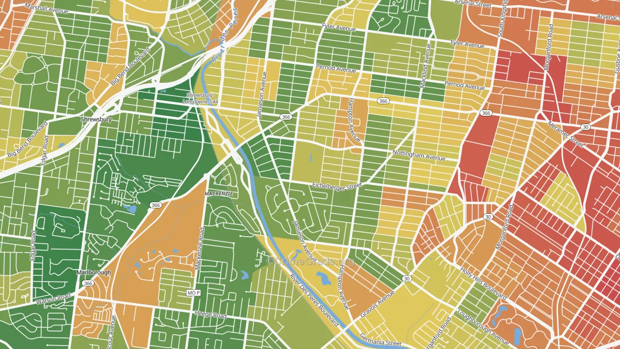 Saint Louis Hills, St. Louis, MO Map of Burglary Rates