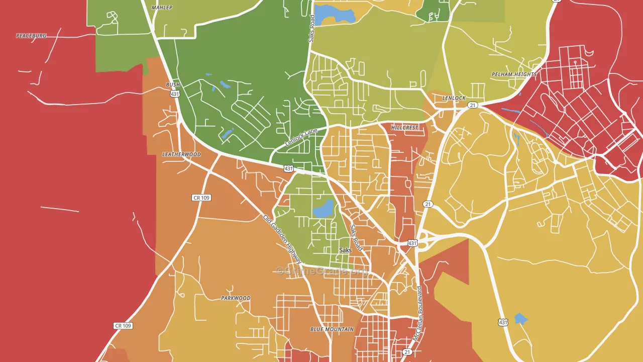 Saks, AL Map of Burglary Rates