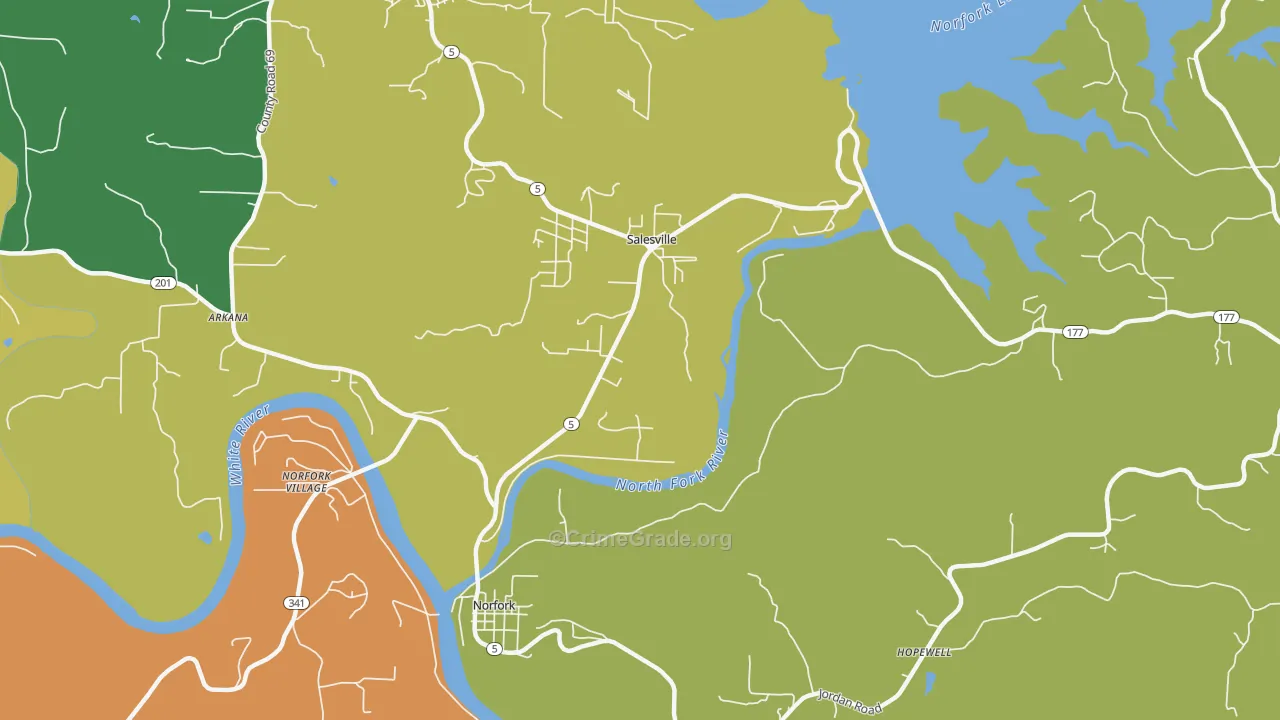 Salesville, AR Map of Burglary Rates