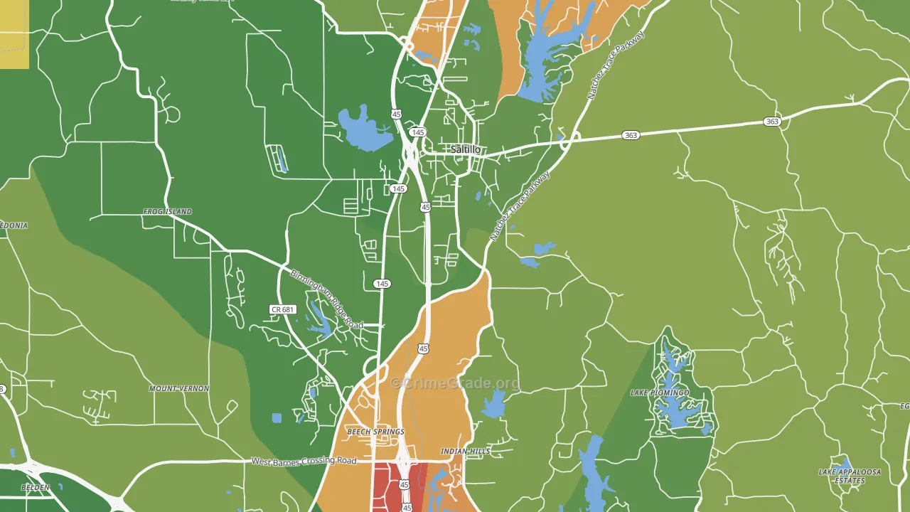 Saltillo, MS Map of Burglary Rates