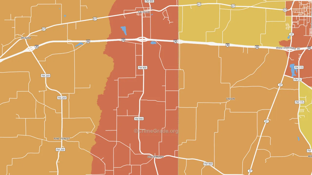 Saltillo, TX Map of Burglary Rates