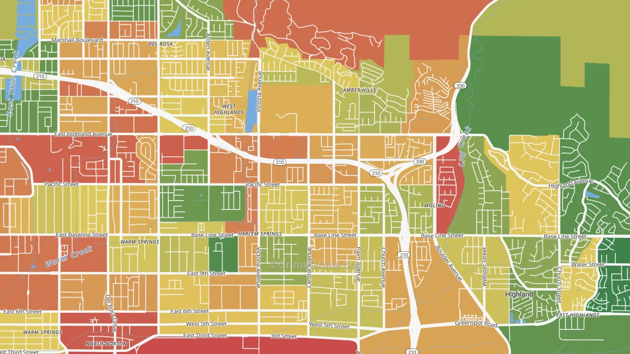 San Andreas, Highland, CA Map of Burglary Rates