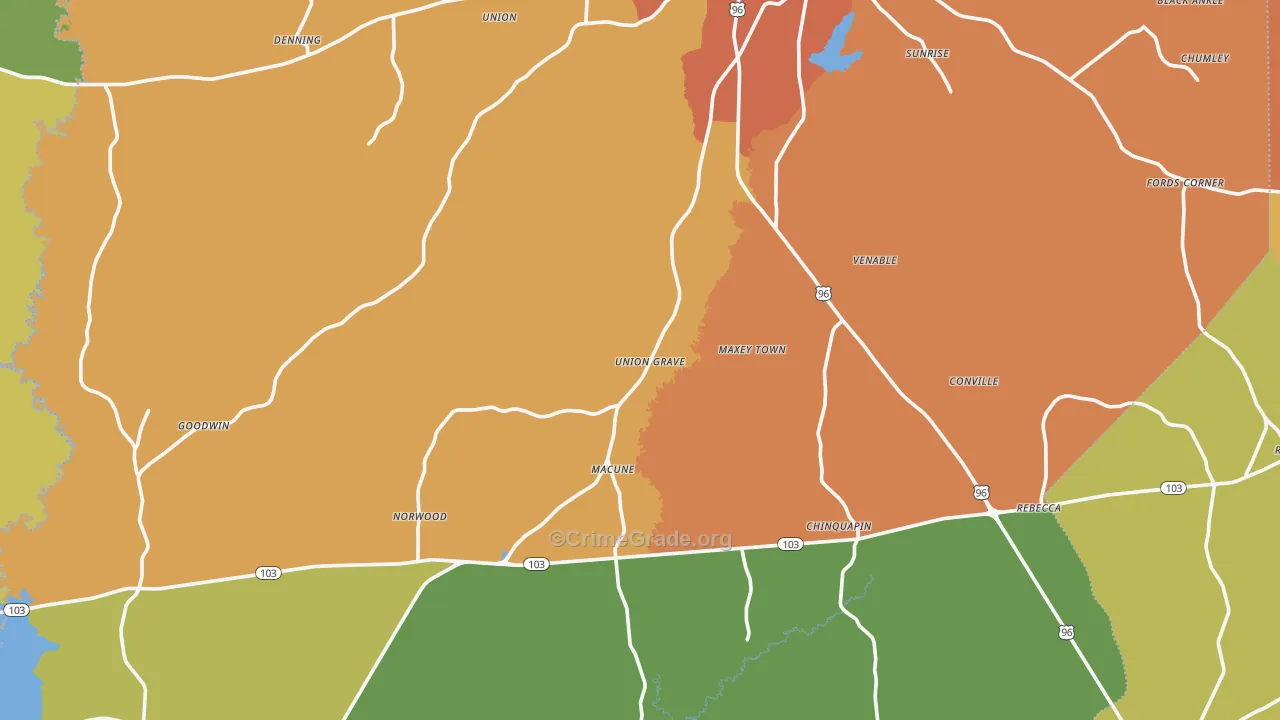 San Augustine County, TX Map of Burglary Rates