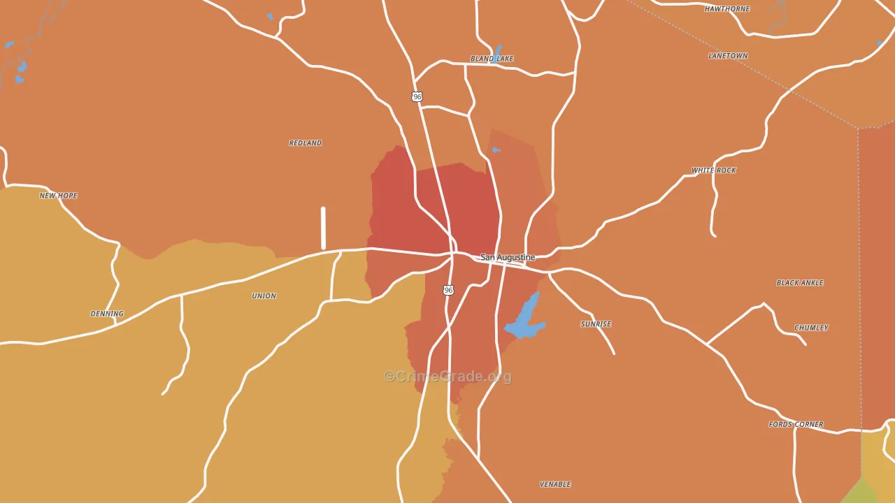 San Augustine, TX Map of Burglary Rates