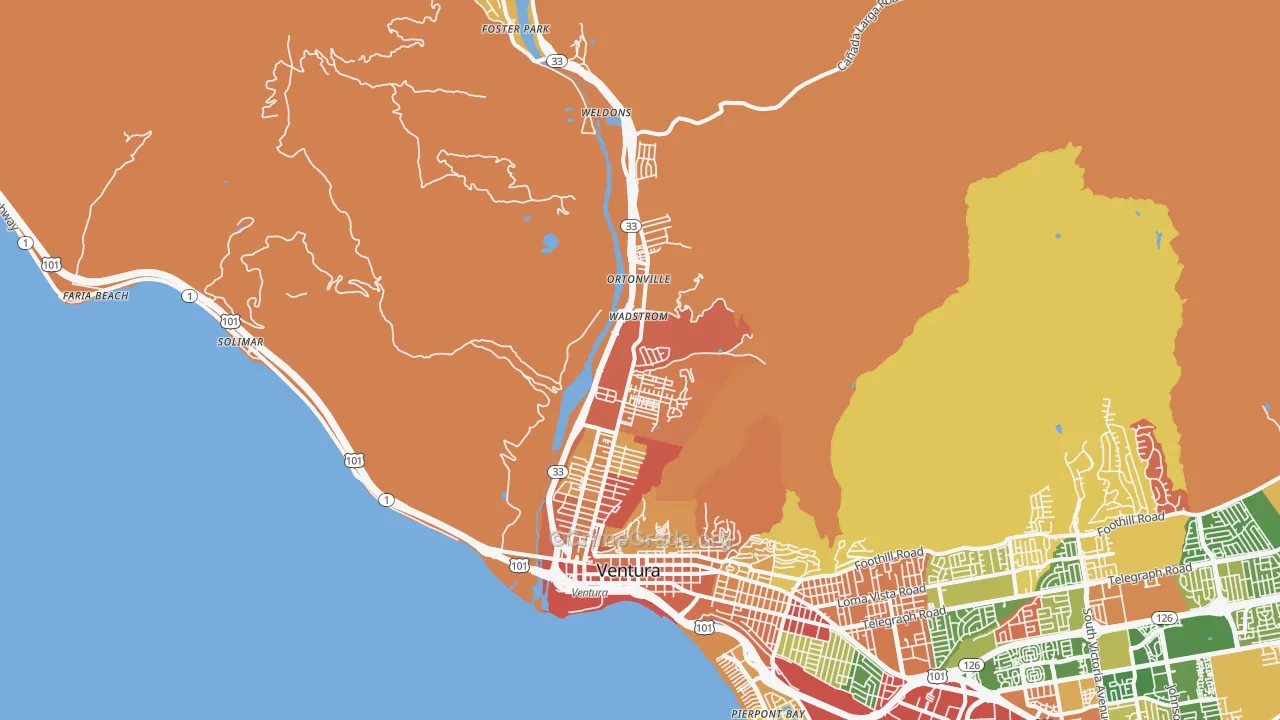 San Buenaventura, CA Map of Burglary Rates