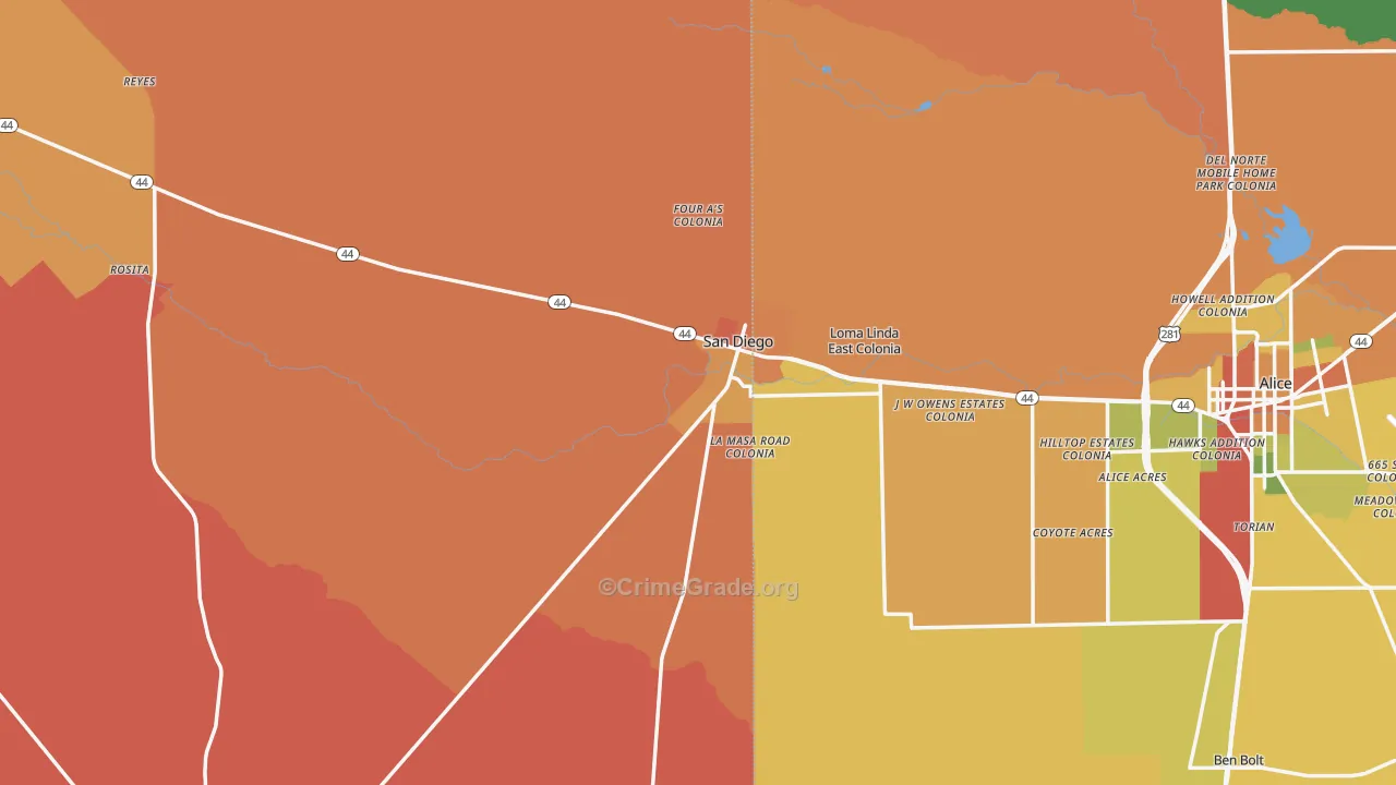 San Diego, TX Map of Burglary Rates